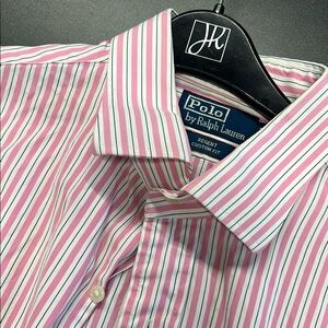 POLO Ralph Lauren Pink Custom Fit Button Down Shirt with Vertical Stripes